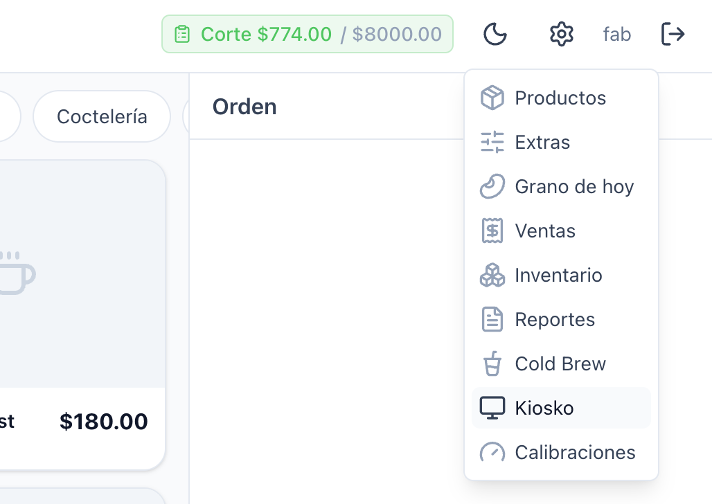Menú de administración: productos, extras, inventario, reportes, kiosko y más.