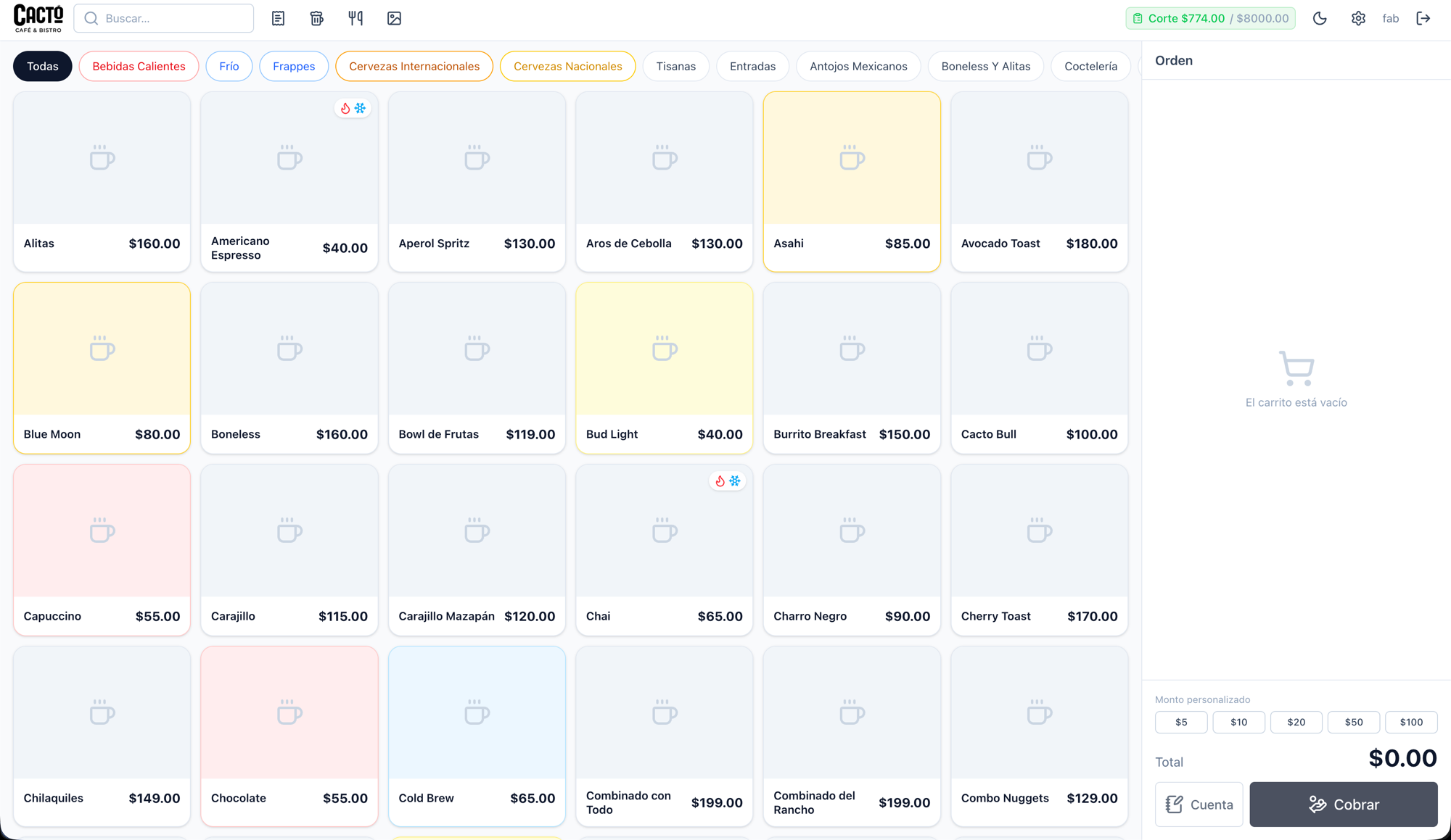 Pantalla de ventas: catálogo con categorías, buscador y la orden en vivo.
